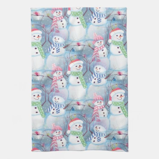 Cute Funny Winter Season Snowmen Waterverf Art Theedoek (Verticaal)