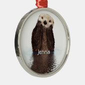 Cute Furry Otter in Water met naam Metalen Ornament (Rechts)