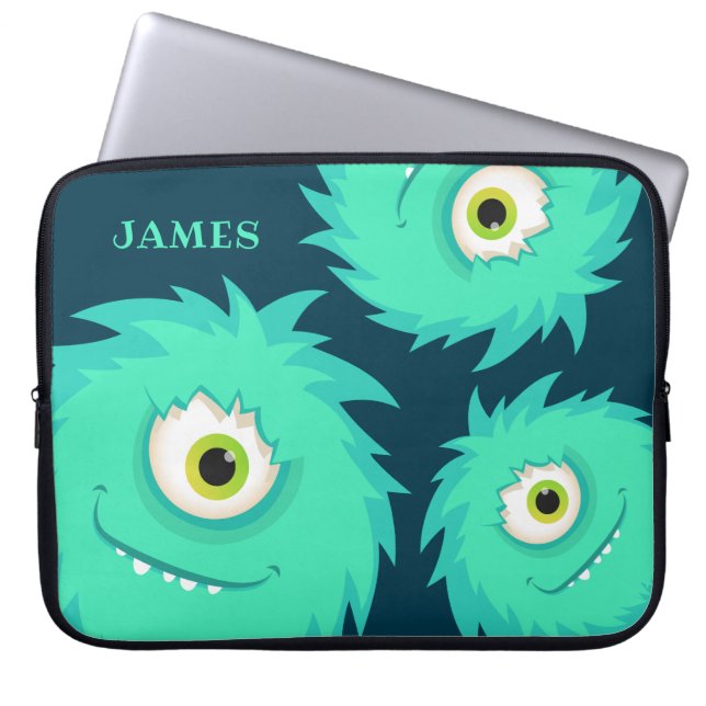 Cute Fuzzy Monster Blue Laptop Sleeve (Voorkant)