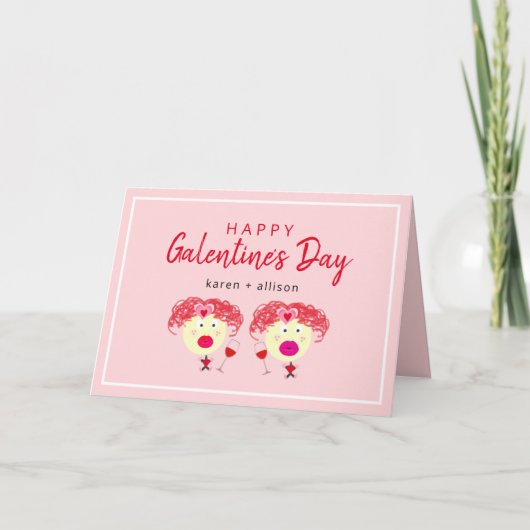 Cute Galentine's Day BFF roze roodhartsmeisjes Feestdagen Kaart (Voorkant)