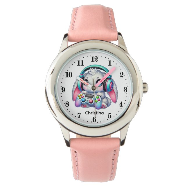 Cute gamer bunny add name                  horloge (Voorkant)