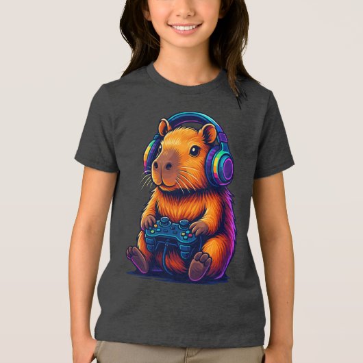 Cute Gamer Capybara — with Headset & Controller Tri-Blend Shirt (Voorkant)