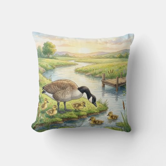 Cute Gans En Baby's Rivier- En Meer Dieren Kussen (Voorkant)