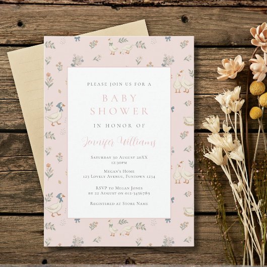 Cute Gans Roze Baby Shower Uitnodiging