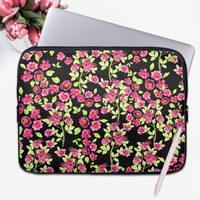 Cute Garden Flowers Roze Groen op Zwarte Achtergro Laptop Sleeve (Creator heeft geüpload)