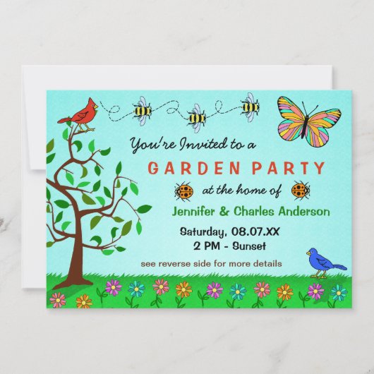 Cute Garden Party Whimsical Summer Flowers Bugs Kaart (Voorkant)