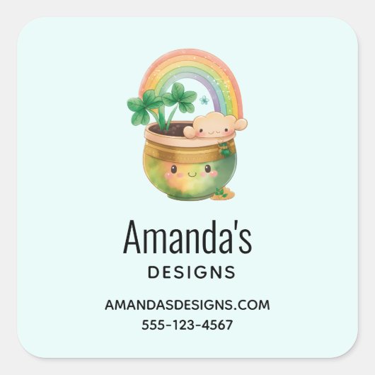 Cute Garden Planter met Regenboog & Clover Busines Vierkante Sticker (Voorkant)