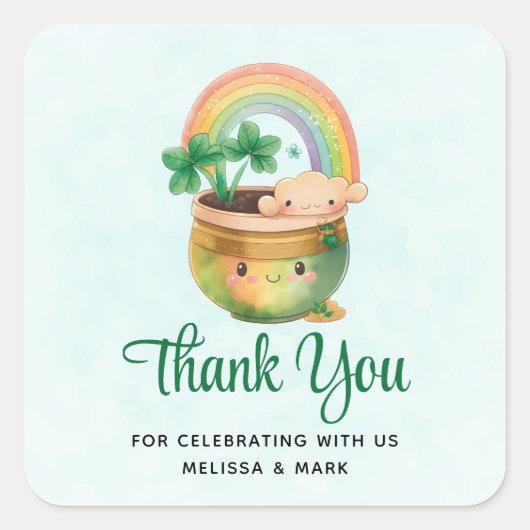 Cute Garden Planter met Regenboog- & Clover-partij Vierkante Sticker (Voorkant)