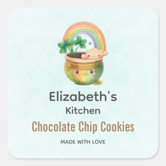 Cute Garden Planter met regenboog en Clover Kitche Vierkante Sticker (Voorkant)