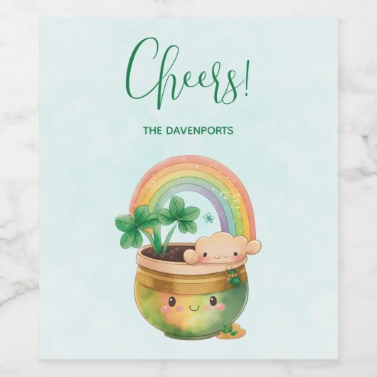 Cute Garden Planter met regenboog en klaver Wijn Etiket (Enkel label)