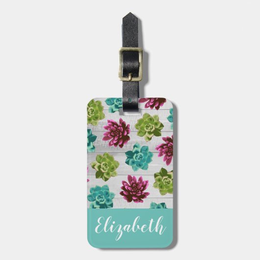 Cute Garden Succulents & Rustic Wood Planks Bagagelabel (Voorkant verticaal)