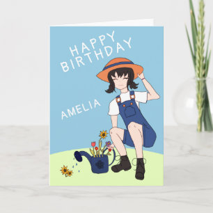 Cute Gardening Girl Flowers Black Hair Birthday Kaart