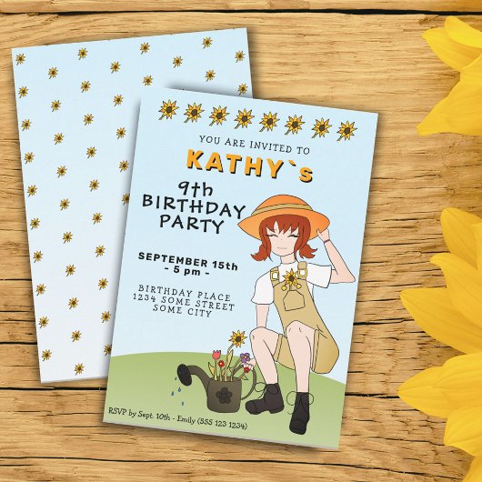 Cute Gardening Girl Flowers Brown Hair Birthday Kaart