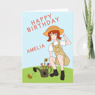 Cute Gardening Girl Flowers Brown Hair Birthday Kaart