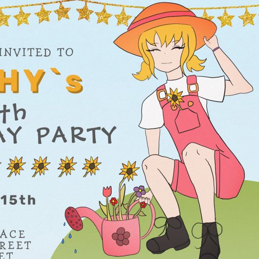 Cute Gardening Girl met Flowers Birthday Kaart