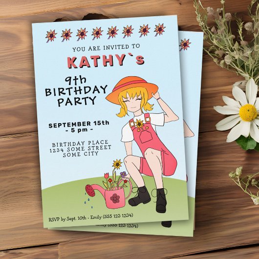 Cute Gardening Girl met Flowers Birthday Kaart