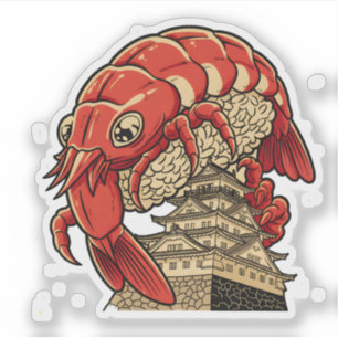 Cute Garnaal Sushi op Japans Kasteel Kunstontwerp Sticker