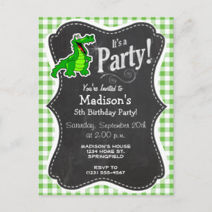 Cute Gator Green Gingham Uitnodiging Briefkaart