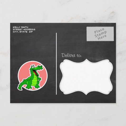 Cute Gator Green Gingham Uitnodiging Briefkaart (Achterkant)