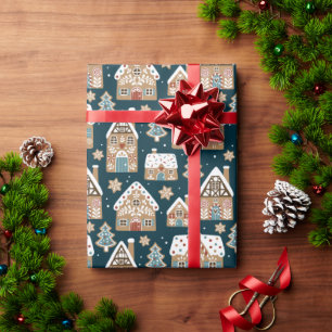 Cute Gebruine Huizen & Koekjes Blauw Kerstmis Cadeaupapier