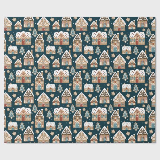 Cute Gebruine Huizen & Koekjes Blauw Kerstmis Cadeaupapier (Vlak)