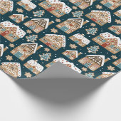 Cute Gebruine Huizen & Koekjes Blauw Kerstmis Cadeaupapier (Hoek)