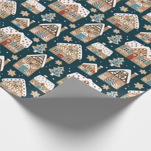 Cute Gebruine Huizen & Koekjes Blauw Kerstmis Cadeaupapier (Hoek)