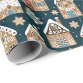 Cute Gebruine Huizen & Koekjes Blauw Kerstmis Cadeaupapier (Rol Hoek)