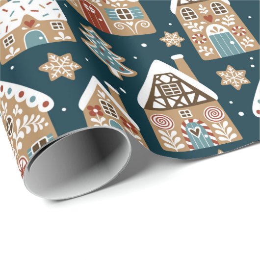 Cute Gebruine Huizen & Koekjes Blauw Kerstmis Cadeaupapier (Rol Hoek)