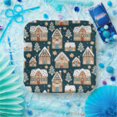 Cute Gebruine Huizen & Koekjes Blauw Kerstmis Papieren Bordje (Feest)