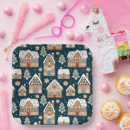 Cute Gebruine Huizen & Koekjes Blauw Kerstmis Papieren Bordje (Feest)