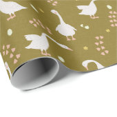 Cute Geese and Footprint Pattern on Olive Green Cadeaupapier (Rol Hoek)