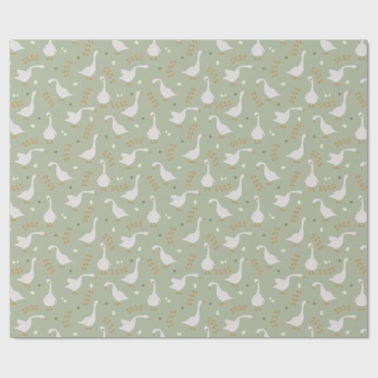 Cute Geese and Footprint Pattern on Sage Green Cadeaupapier (Vlak)