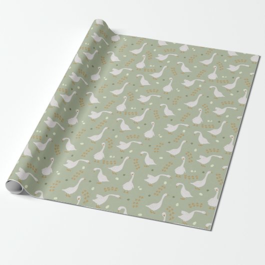 Cute Geese and Footprint Pattern on Sage Green Cadeaupapier (Uitgerold)
