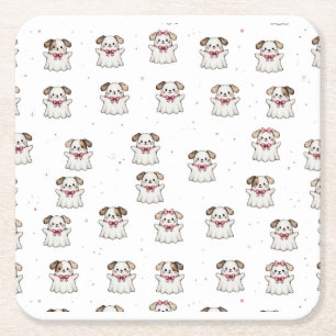 Cute Geest Hond Halloween Bandana Roze Strik Spoky Kartonnen Onderzetters