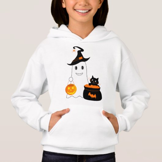 Cute geest met zwarte kat viert halloween (Voorkant)