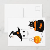 Cute geest met zwarte kat viert halloween briefkaart (Voorkant / Achterkant)