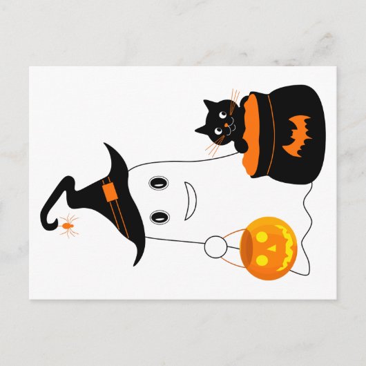 Cute geest met zwarte kat viert halloween briefkaart (Voorkant)