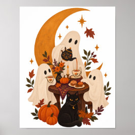 Cute Geesten Theepartij Zwarte Kat Halve Maan Poster