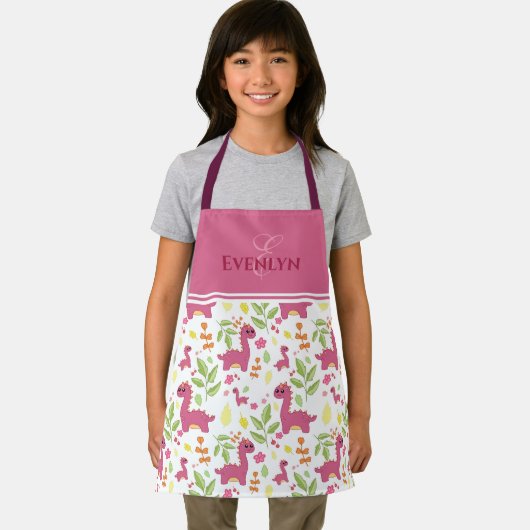 Cute geïllustreerd dino patroonmonogram en naam ap schort (Insitu)