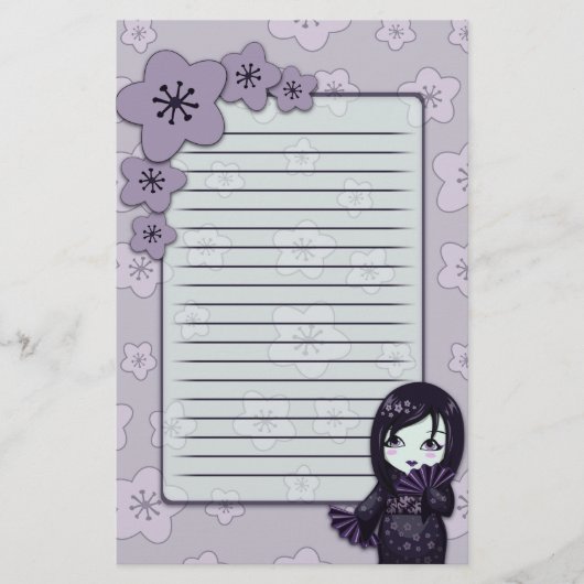 Cute Geisha Black en Paarse Cherry Blosbezinkt Briefpapier (Voorkant)