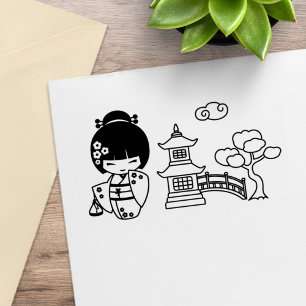 Cute Geisha Girl in Kimono Scrapbook Rubberstempel