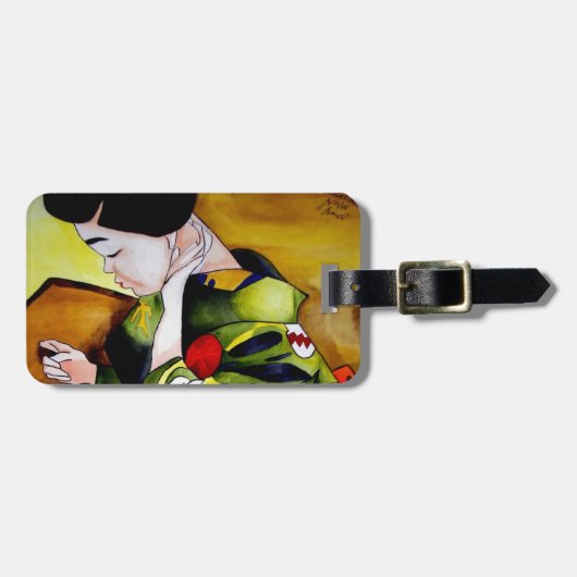 Cute Geisha met groene kimono originele kunst Bagagelabel (Voorkant horizontaal)
