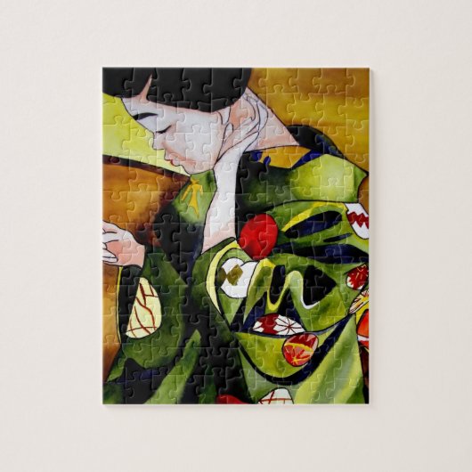 Cute Geisha met groene kimono originele kunst Legpuzzel (Verticaal)