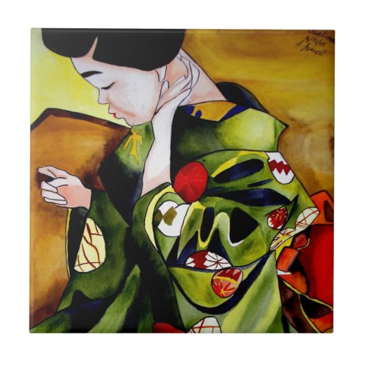 Cute Geisha met groene kimono originele kunst Tegeltje (Voorkant)