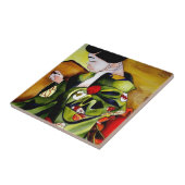 Cute Geisha met groene kimono originele kunst Tegeltje (Zijkant)