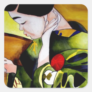 Cute Geisha met groene kimono originele kunst Vierkante Sticker