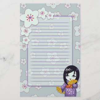 Cute Geisha Paars en Blue Cherry Blossom gelijnd Briefpapier