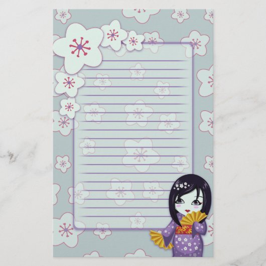 Cute Geisha Paars en Blue Cherry Blossom gelijnd Briefpapier (Voorkant)
