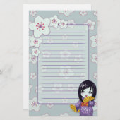 Cute Geisha Paars en Blue Cherry Blossom gelijnd Briefpapier (Voorkant / Achterkant)